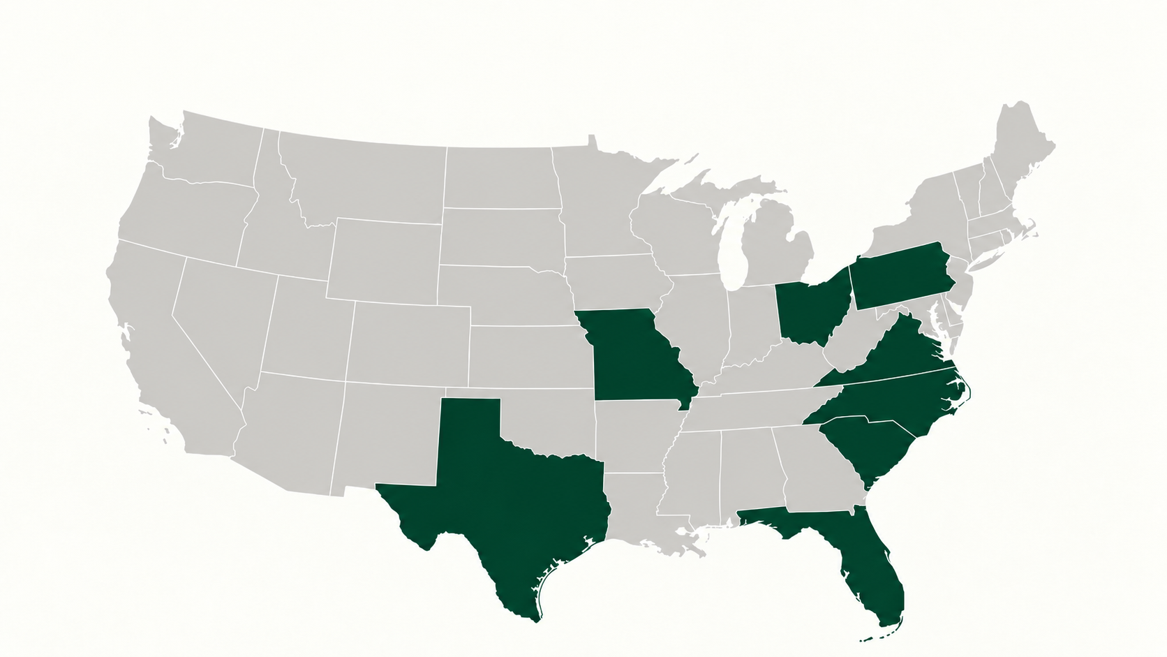 Illustrative U.S. geographic focus map highlighting select Ashbourne Grove target states